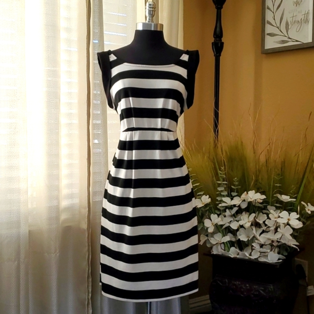 Motherhood Maternity Black and White Striped Midi Dress